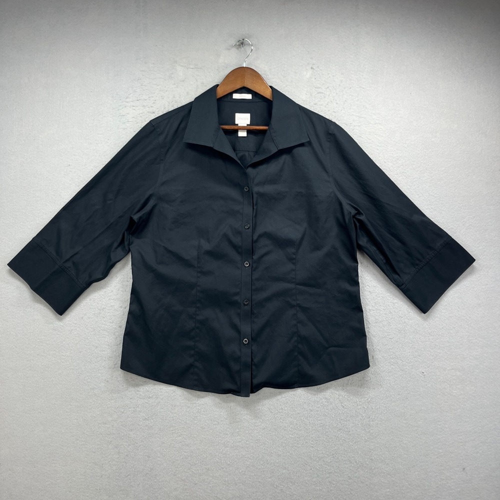 Chicos Button Up Top Womens L Black No Iron 3/4 Sleeve Work Career Office Chic